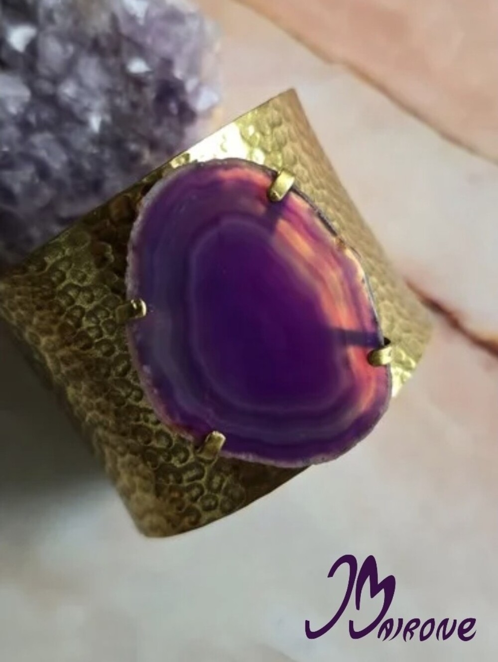 Purple Agate Adjustable Brass Cuff Statement Bracelet